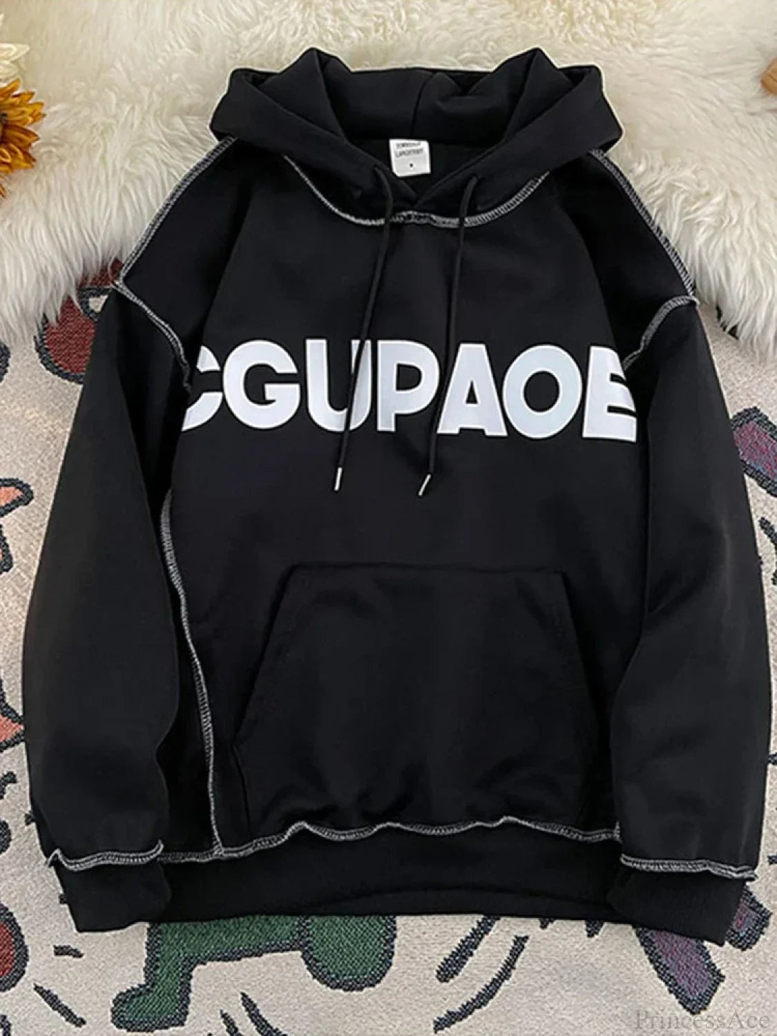 Autumn Letter Print Loose Fleece Hoodie Black / M(40-50KG)