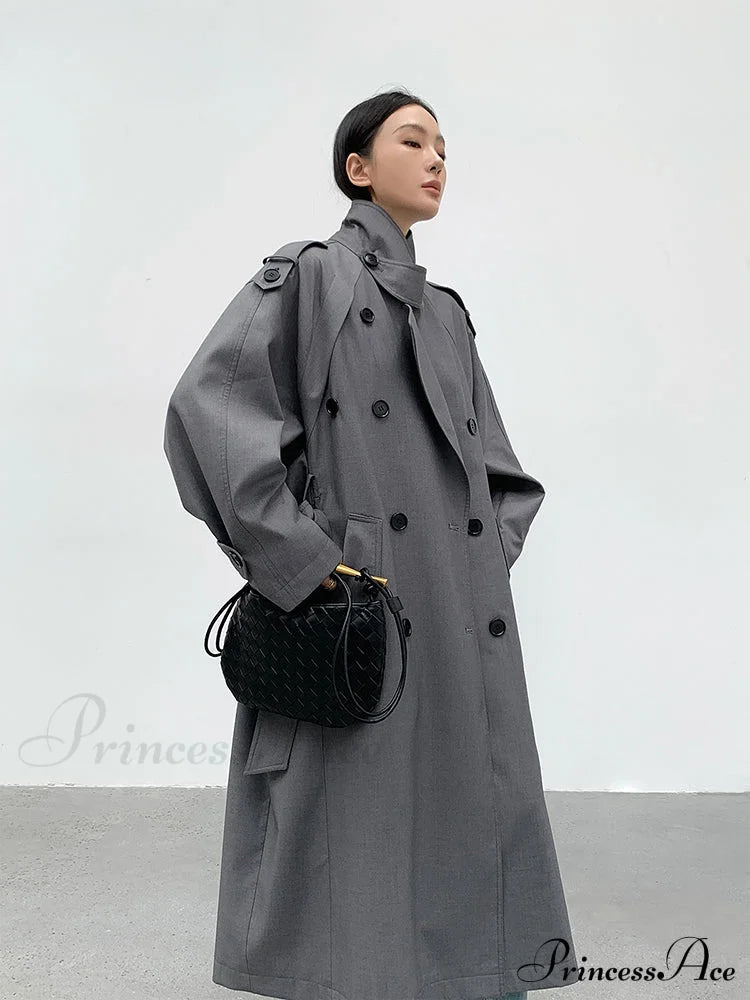 Autumn Long Grey Black Double Breasted Loose Casual Korean Fashion 2024 Stylish Coat Coats-L