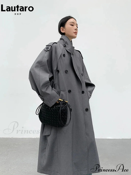 Autumn Long Grey Black Double Breasted Loose Casual Korean Fashion 2024 Stylish Coat Gray / S