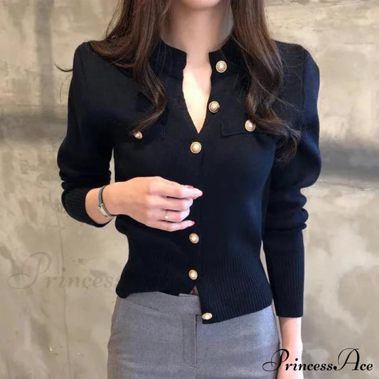 Autumn Long Sleeve Fashion Knitted Casual Single Breasted Cardigan Black / One Size