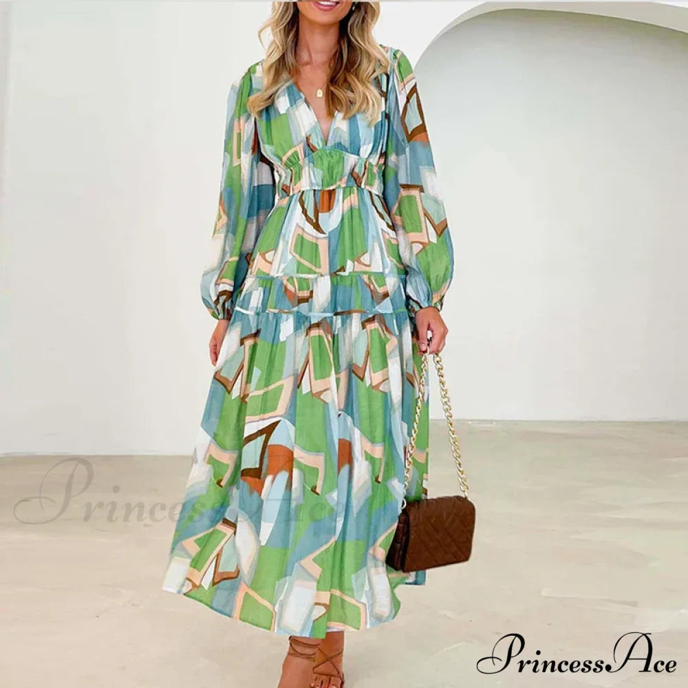 Autumn Long Sleeved Pleated Maxi Dress Boho Green / S