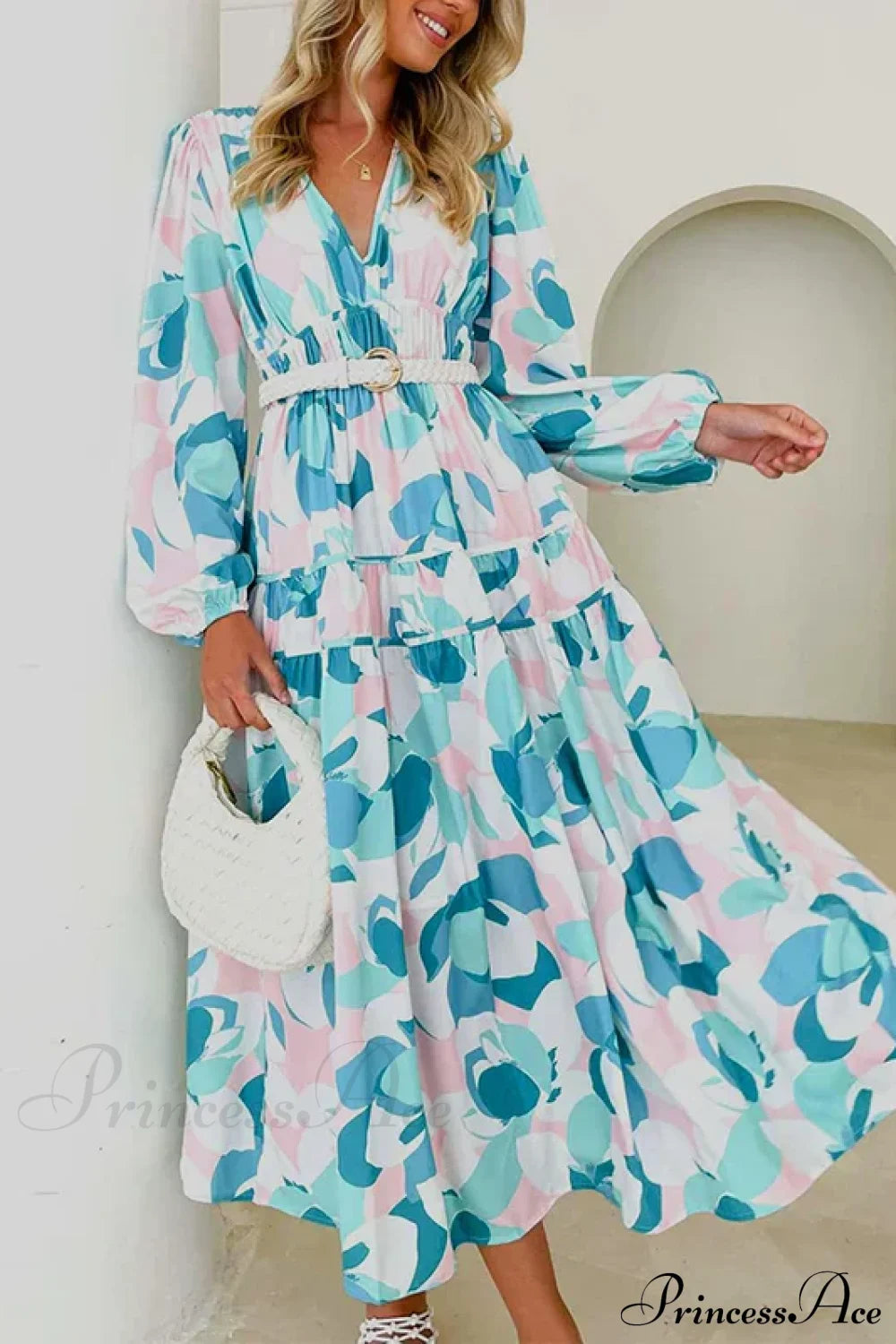 Autumn Long Sleeved Pleated Maxi Dress Boho Lake Blue / S