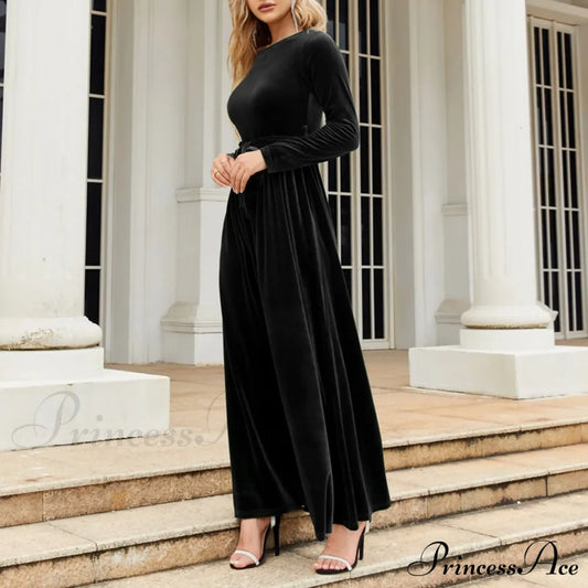 Autumn New Green Velvet Long Dress Elegant Vintage O-Neck Lace-Up Christmas Party Black / S