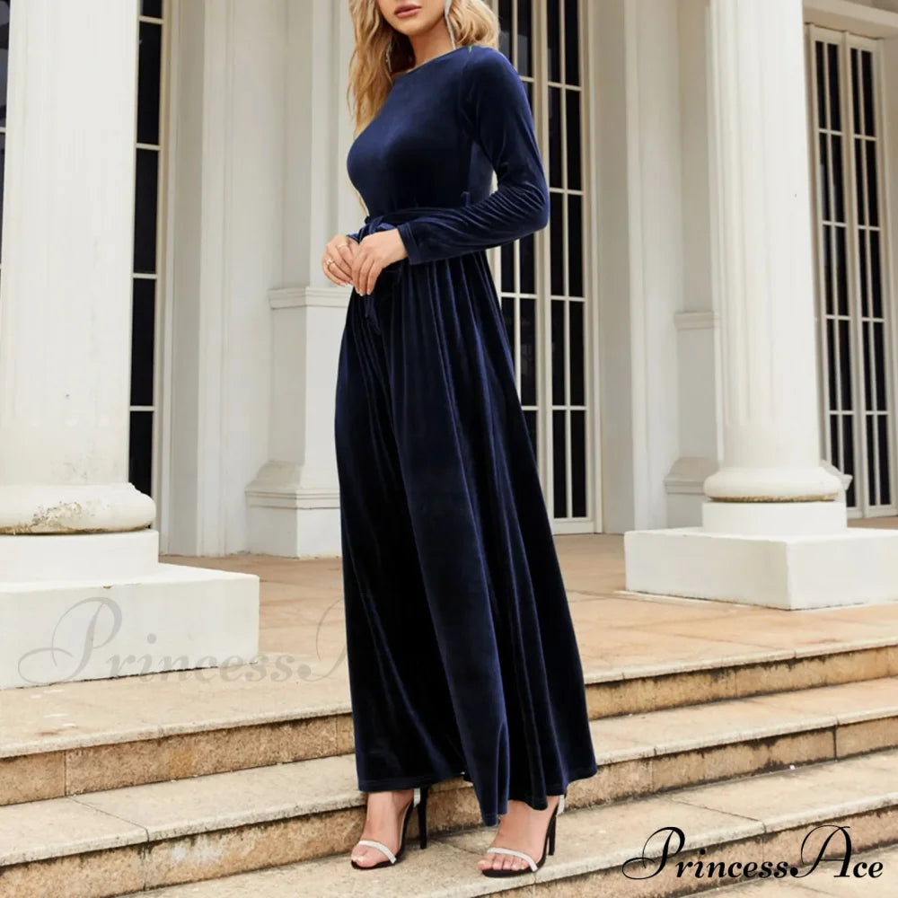 Autumn New Green Velvet Long Dress Elegant Vintage O-Neck Lace-Up Christmas Party Blue / S Dresses-L