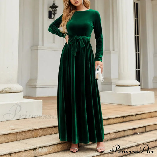 Autumn New Green Velvet Long Dress Elegant Vintage O-Neck Lace-Up Christmas Party Dresses-L