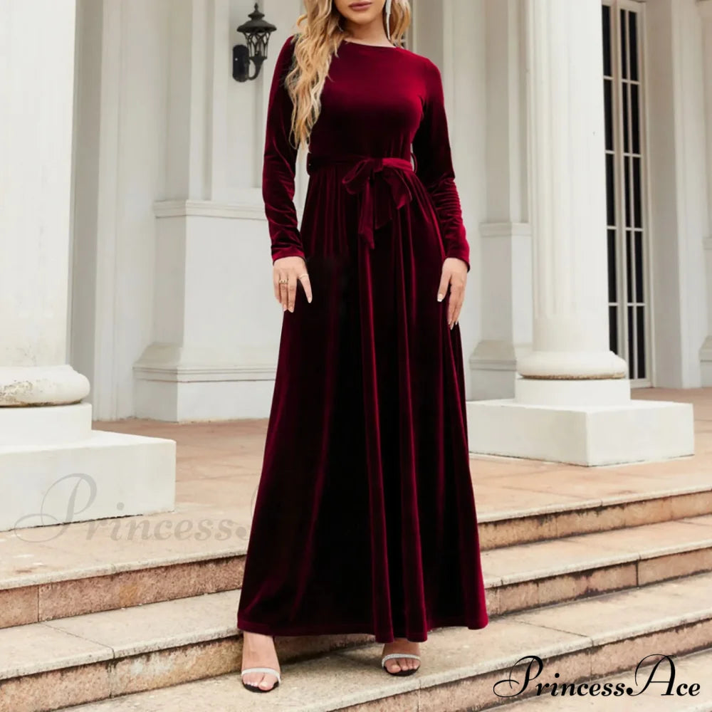 Autumn New Green Velvet Long Dress Elegant Vintage O-Neck Lace-Up Christmas Party Red / S Dresses-L