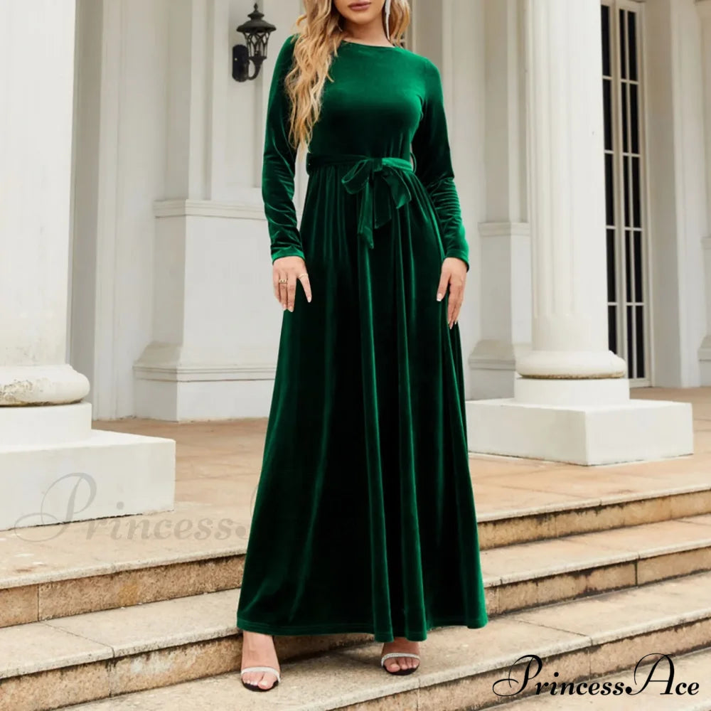 Autumn New Green Velvet Long Dress Elegant Vintage O-Neck Lace-Up Christmas Party / S Dresses-L