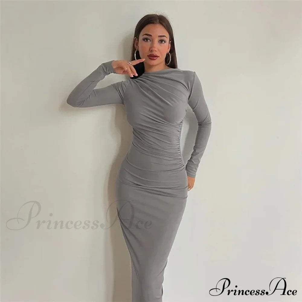 Autumn Ruched Long Slinky Sexy Birthday Robes Midi Dress Light Grey / S