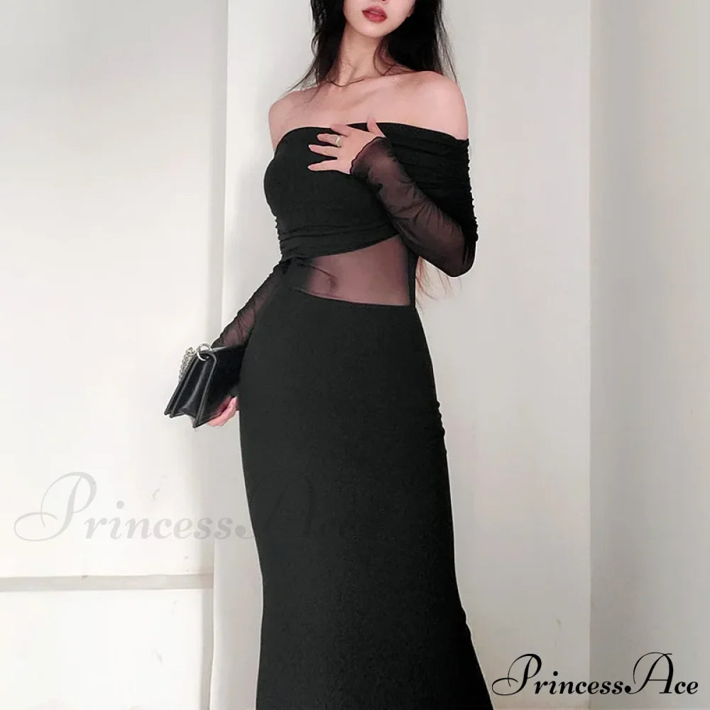 Autumn Sexy Strapless Black Lace Patchwork Long Streetwear Club Bodycon Dress