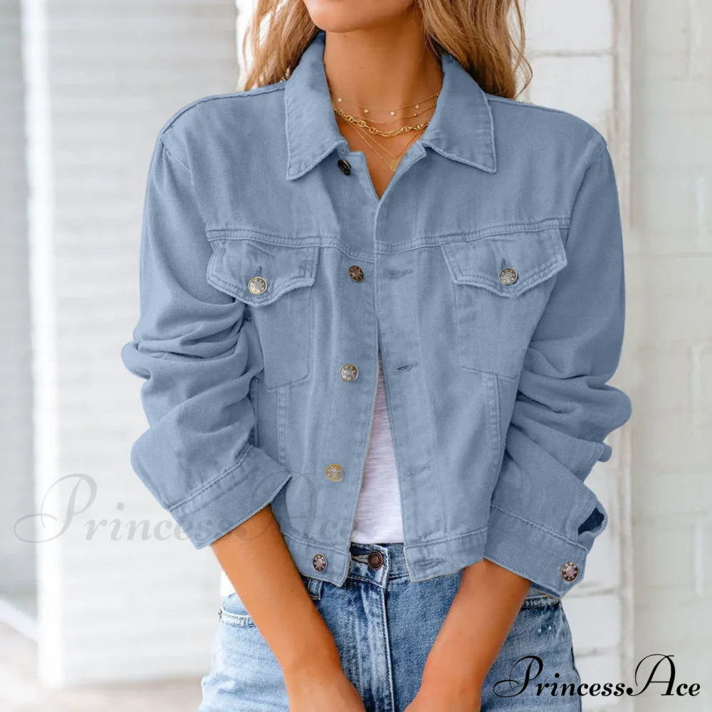 Autumn Short Slim Jeans Long Sleeve Lapel Pocket Chic Stylish Elegant Fashionable Denim Overcoat