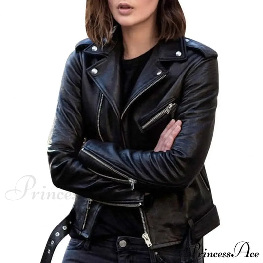 Autumn Short Solid Biker Thin Cool Faux Leather Jacket Black / M