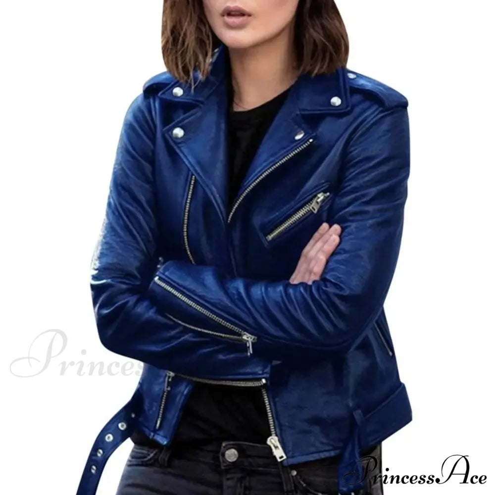 Autumn Short Solid Biker Thin Cool Faux Leather Jacket Blue / M