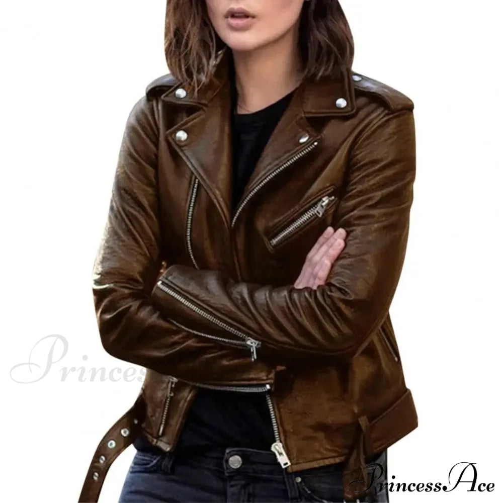 Autumn Short Solid Biker Thin Cool Faux Leather Jacket Brown / M