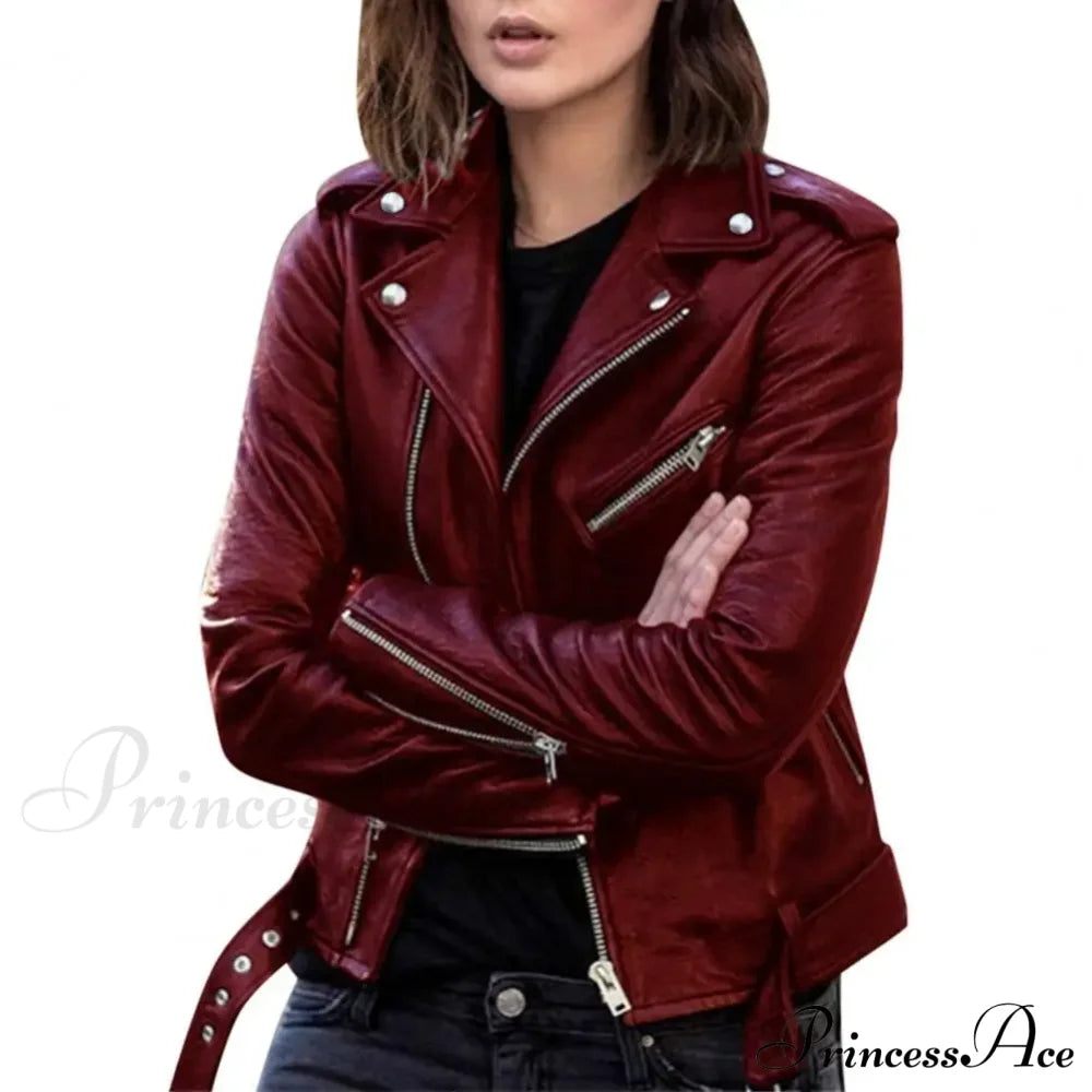 Autumn Short Solid Biker Thin Cool Faux Leather Jacket Red / M