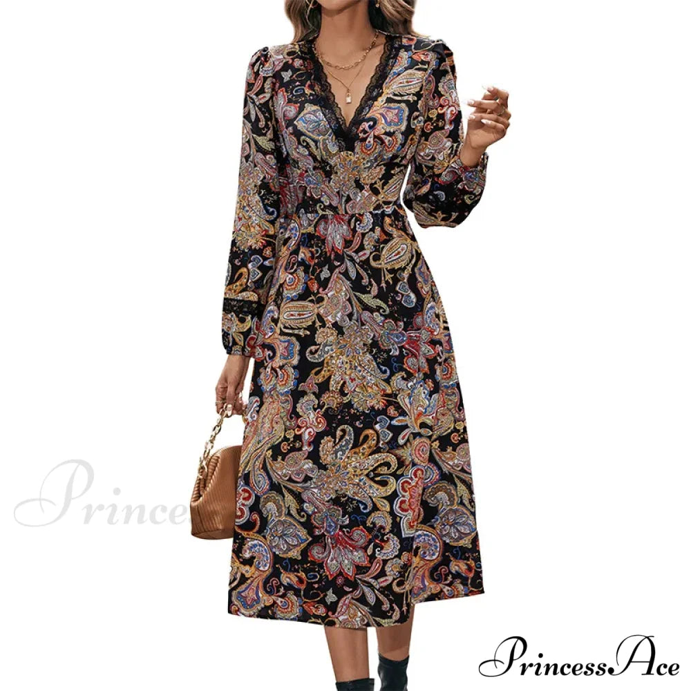 Autumn Sweet Fresh Bohemian Long Sleeve Floral Boho Dress