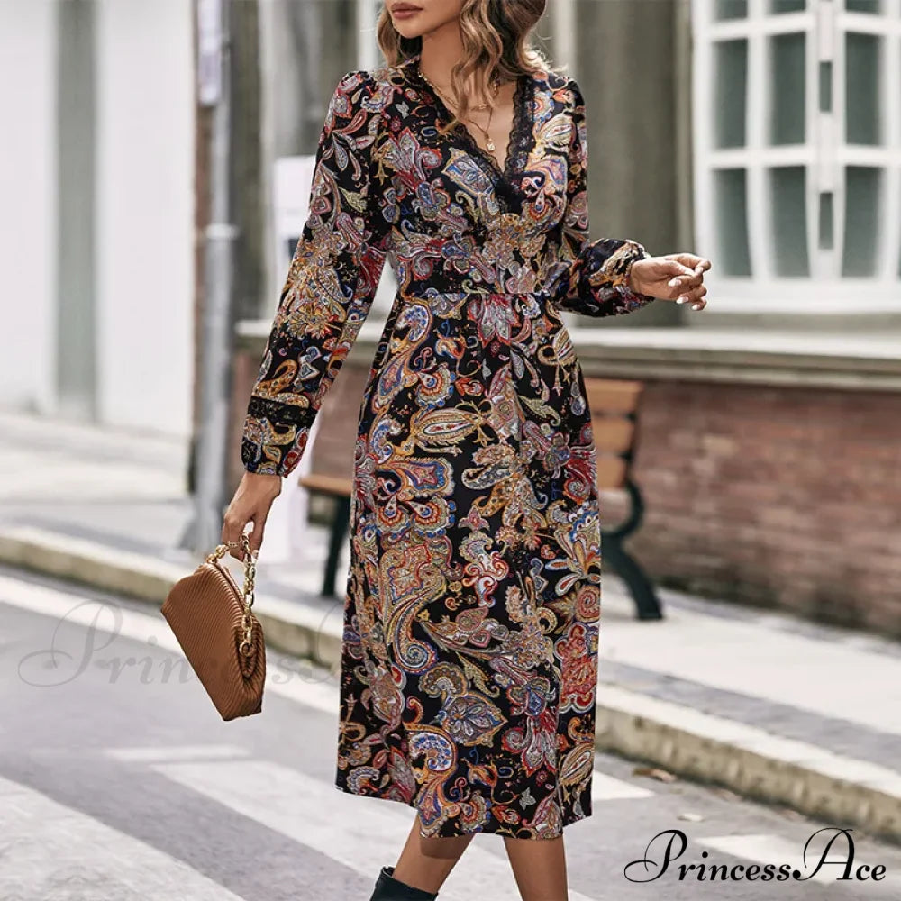 Autumn Sweet Fresh Bohemian Long Sleeve Floral Boho Dress