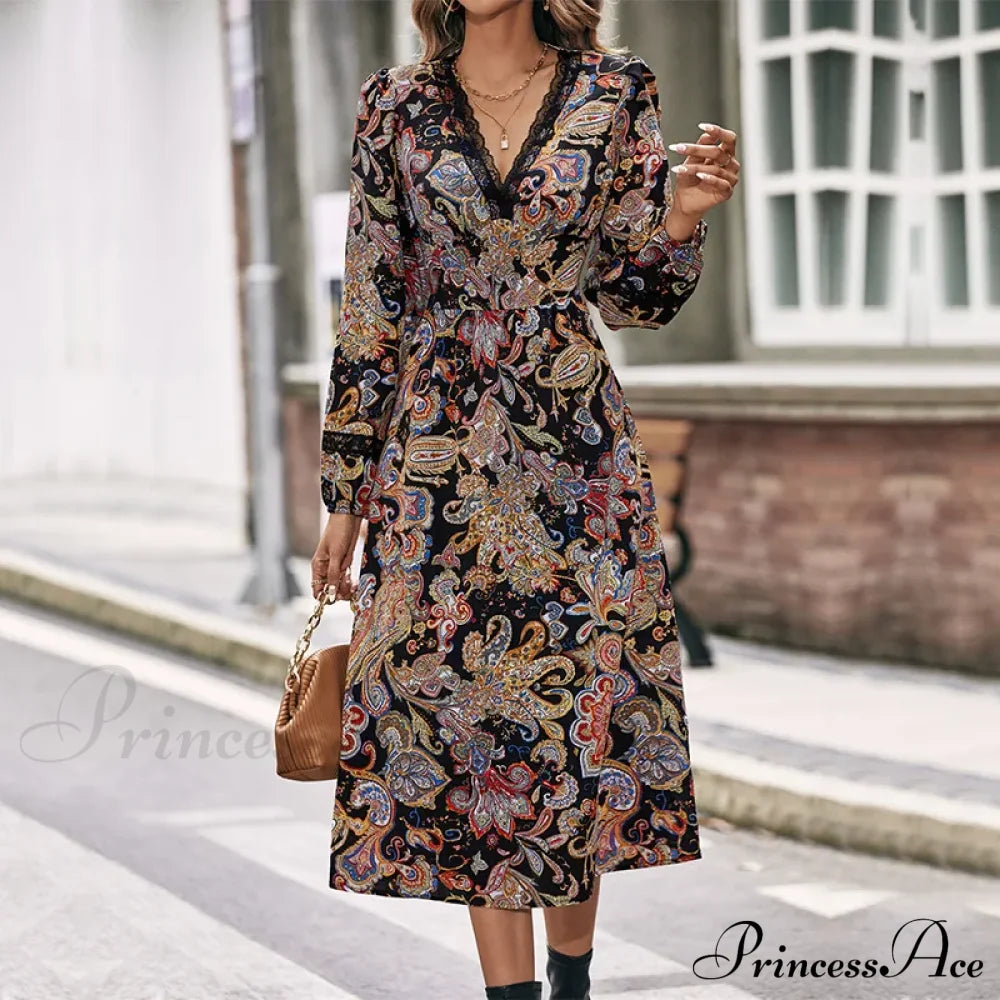 Autumn Sweet Fresh Bohemian Long Sleeve Floral Boho Dress