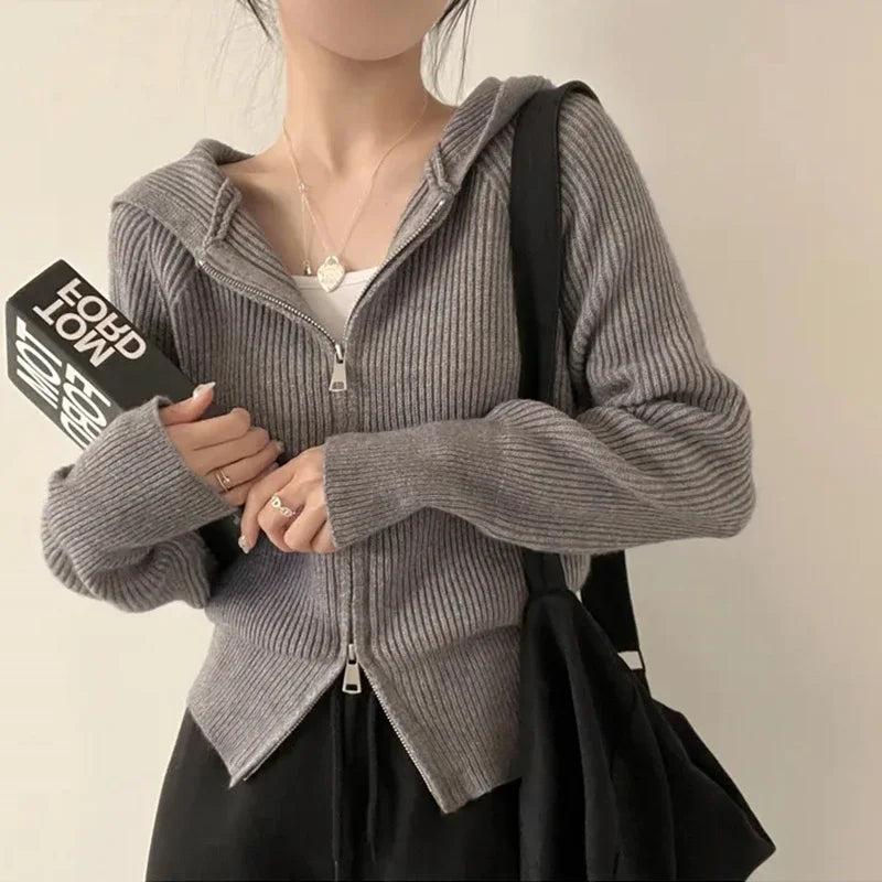 Autumn Winter Long Sleeve Short Loose Solid Knitted Zipper Cardigan