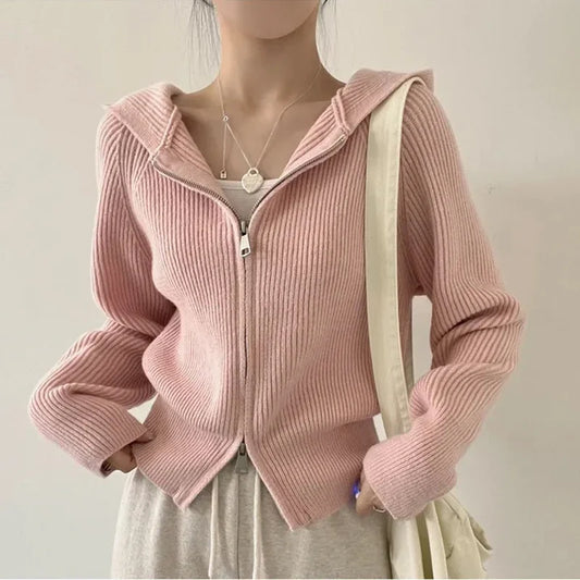 Autumn Winter Long Sleeve Short Loose Solid Knitted Zipper Cardigan