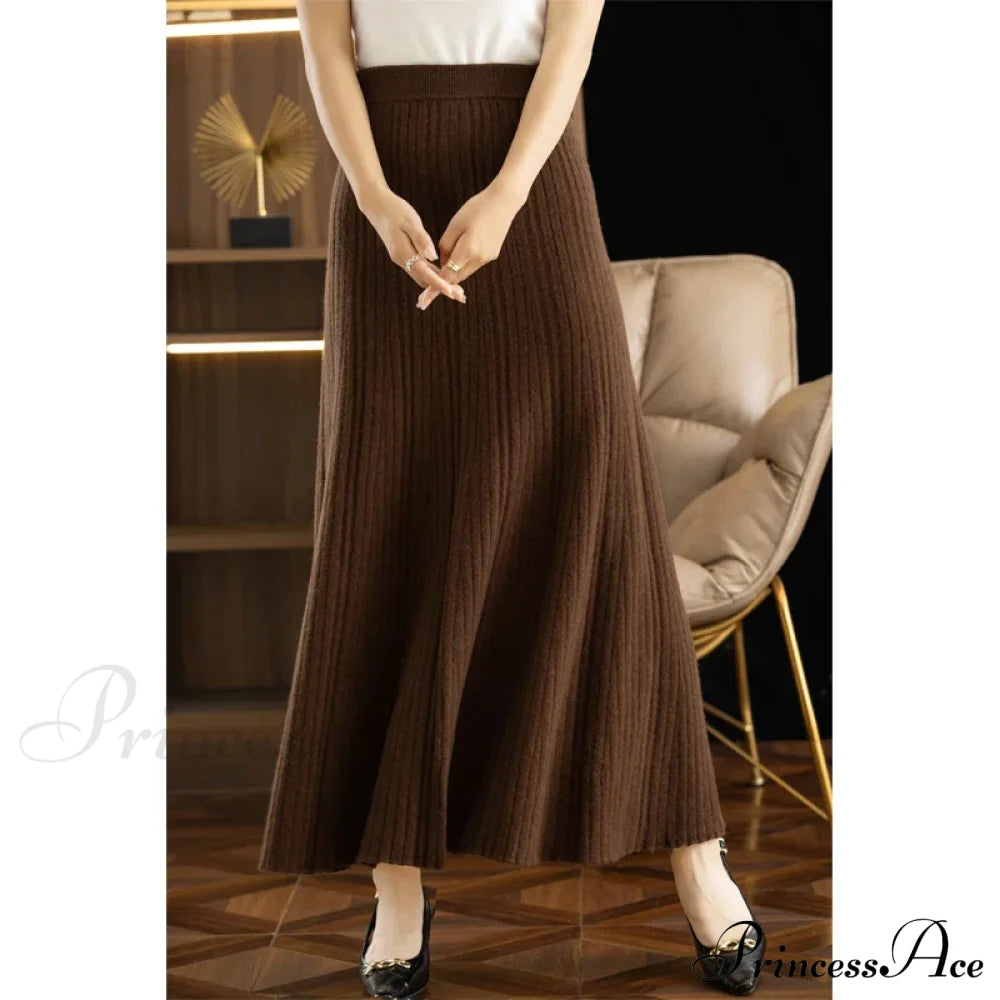 Autumn Winter A-Line Elastic High Waist Knitted Pleated Over Knee Skirt