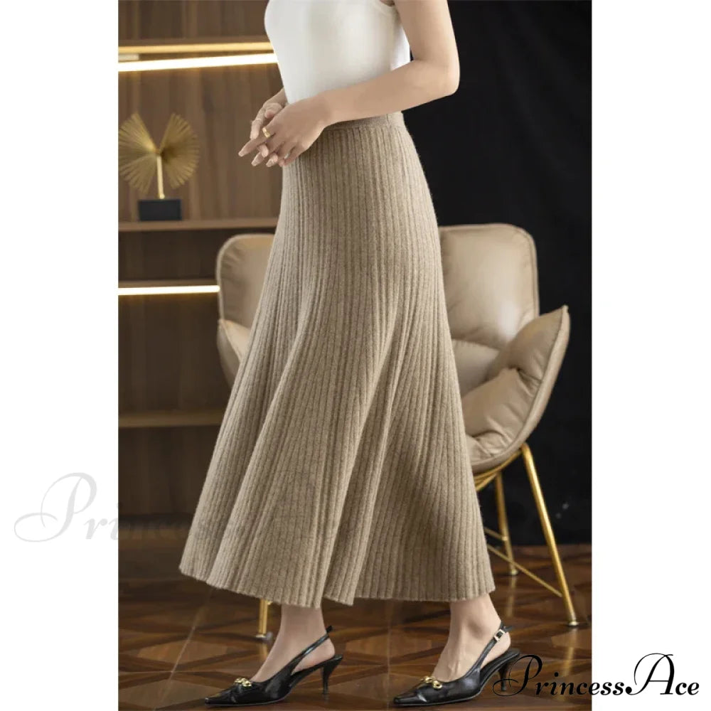 Autumn Winter A-Line Elastic High Waist Knitted Pleated Over Knee Skirt