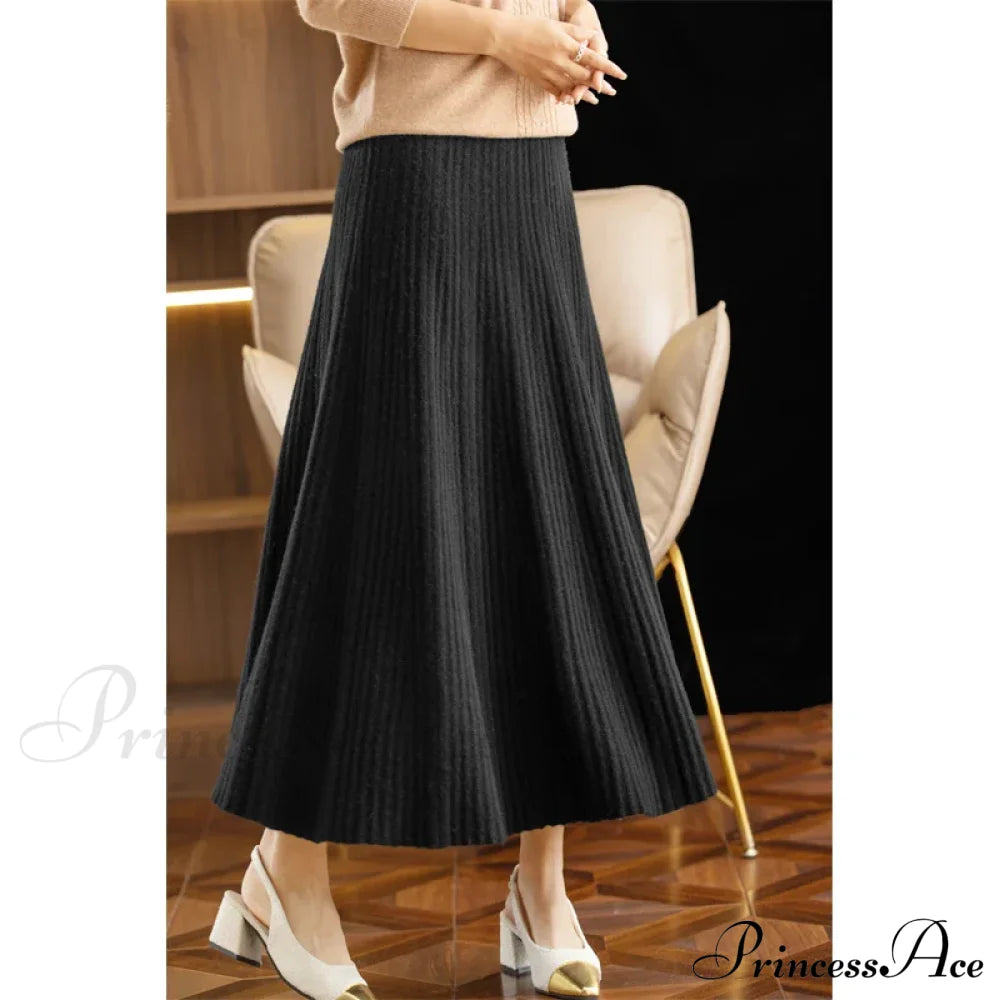 Autumn Winter A-Line Elastic High Waist Knitted Pleated Over Knee Skirt