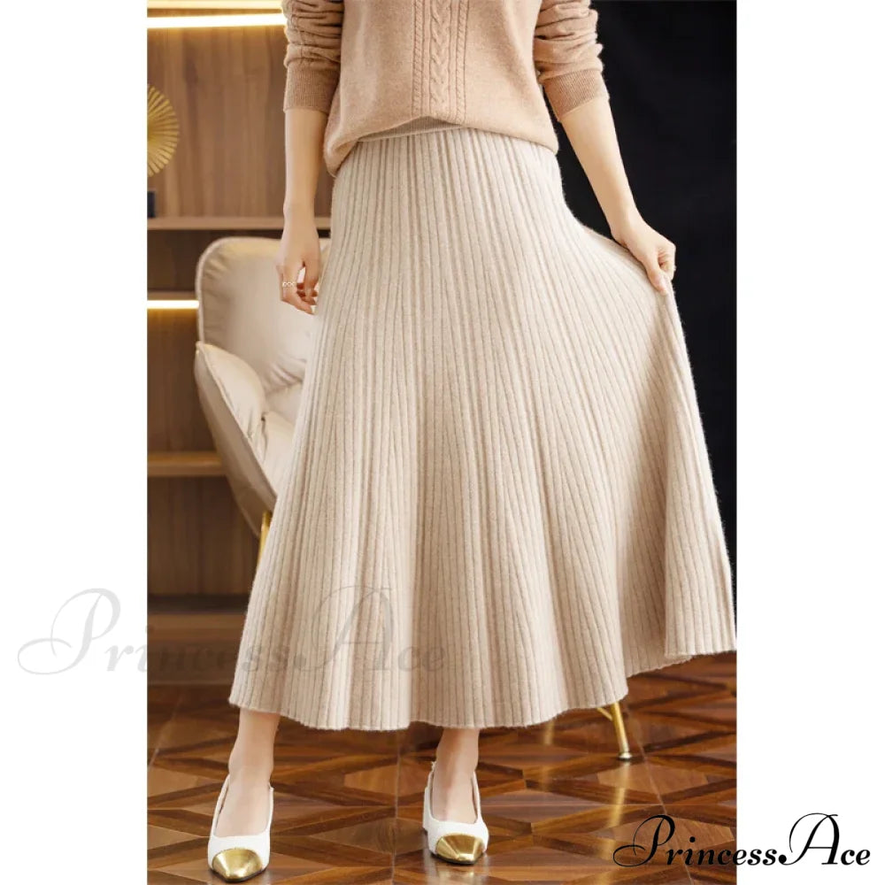 Autumn Winter A-Line Elastic High Waist Knitted Pleated Over Knee Skirt