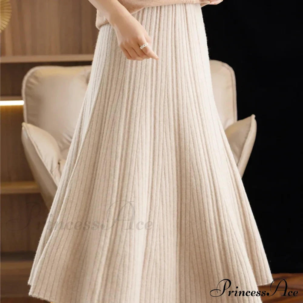 Autumn Winter A-Line Elastic High Waist Knitted Pleated Over Knee Skirt Rice / M