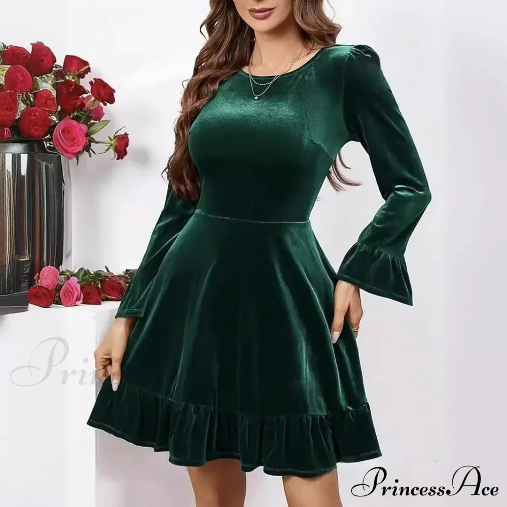 Autumn Winter A-Line Ruffles Elegant Party Golden Velvet Mini Nightdress Christmas Dress Dresses-L