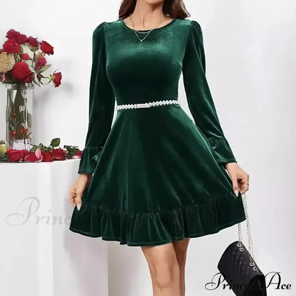 Autumn Winter A-Line Ruffles Elegant Party Golden Velvet Mini Nightdress Christmas Dress Dresses-L