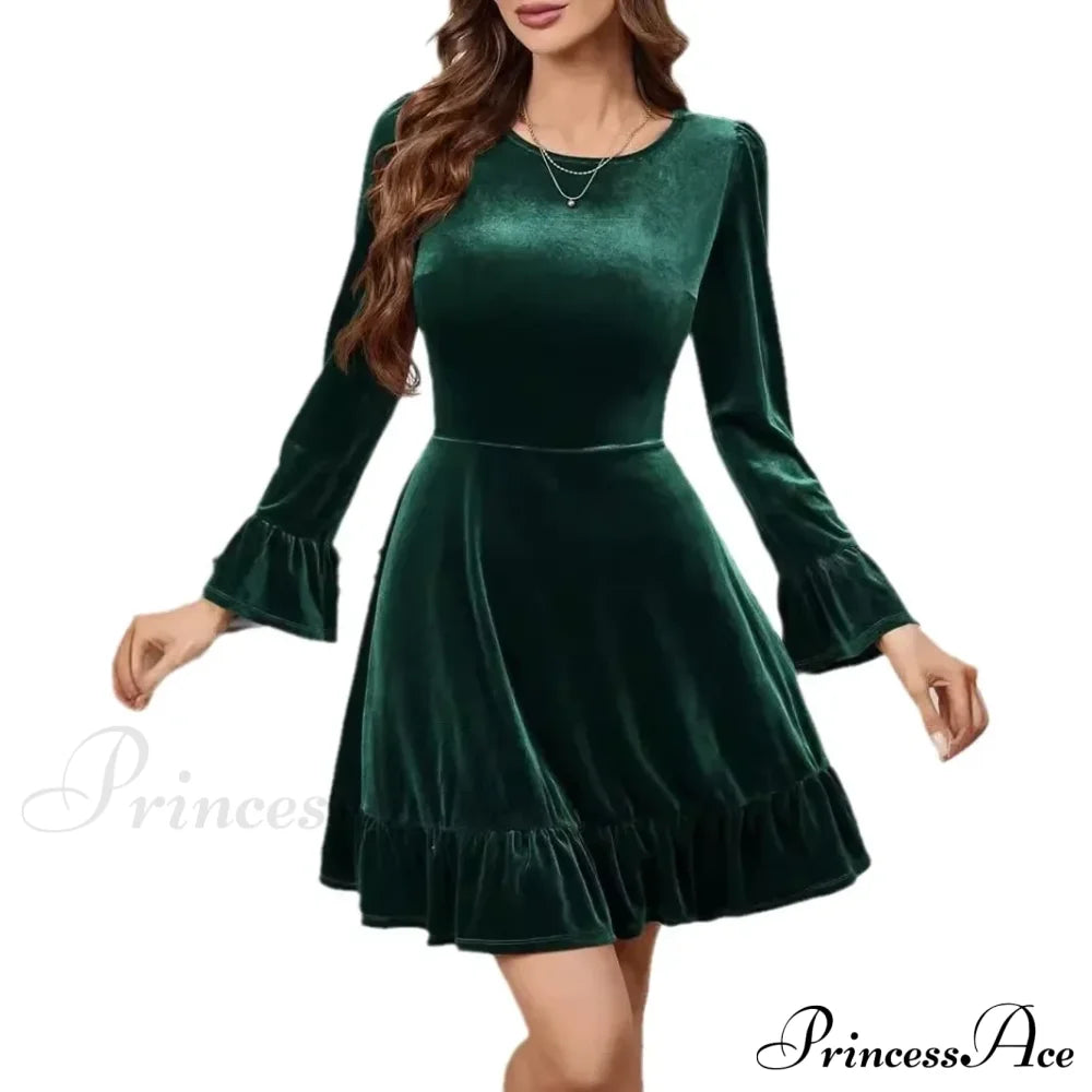 Autumn Winter A-Line Ruffles Elegant Party Golden Velvet Mini Nightdress Christmas Dress Dresses-L