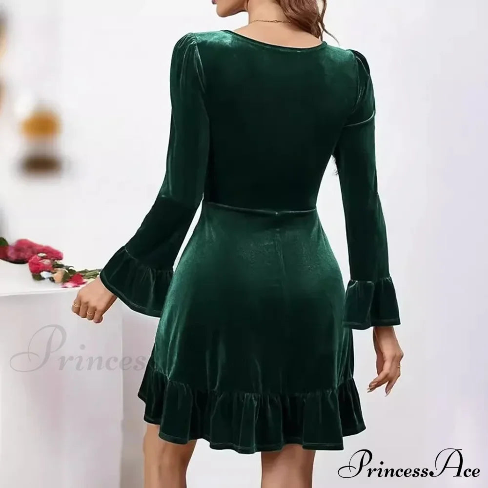 Autumn Winter A-Line Ruffles Elegant Party Golden Velvet Mini Nightdress Christmas Dress Dresses-L