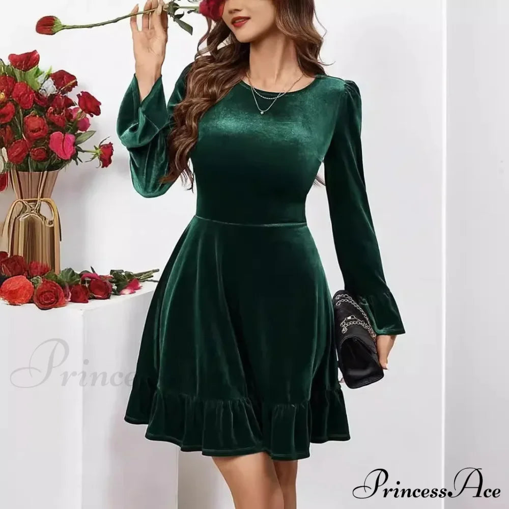 Autumn Winter A-Line Ruffles Elegant Party Golden Velvet Mini Nightdress Christmas Dress Green / S