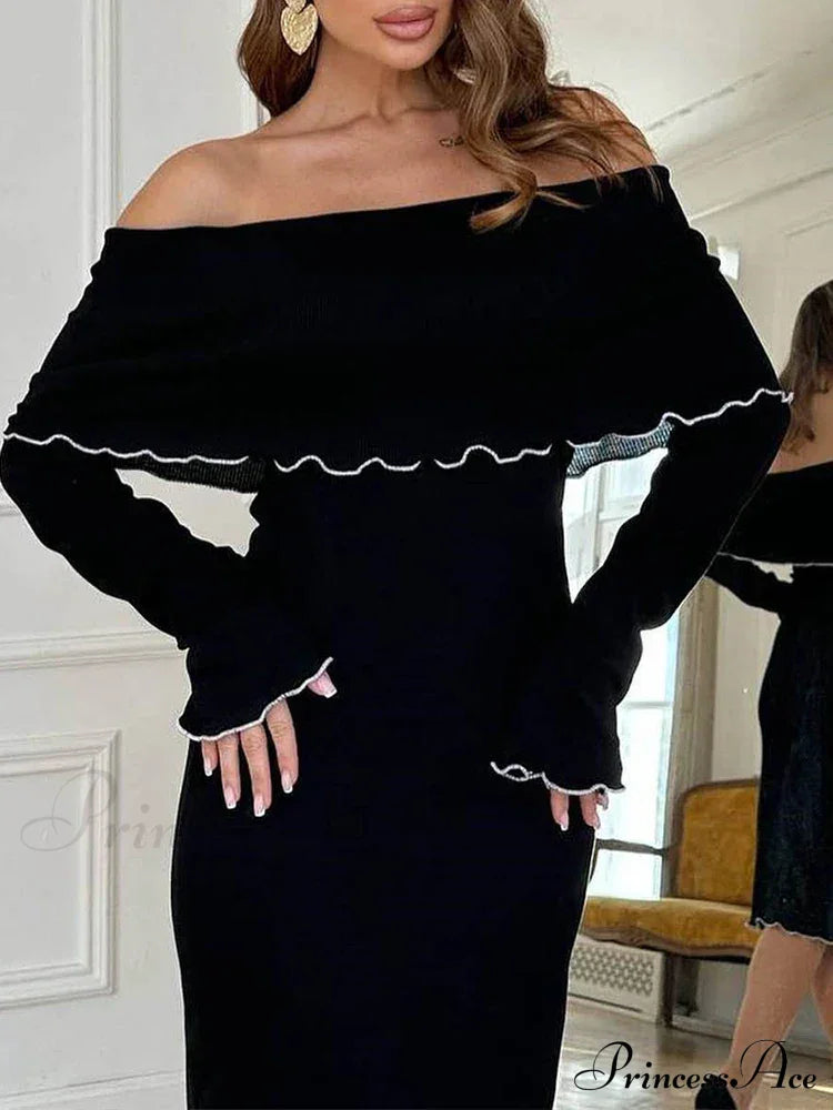 Autumn Winter Black Long Slash Neck Straight Elegant Party Clubwear Bodycon Dress