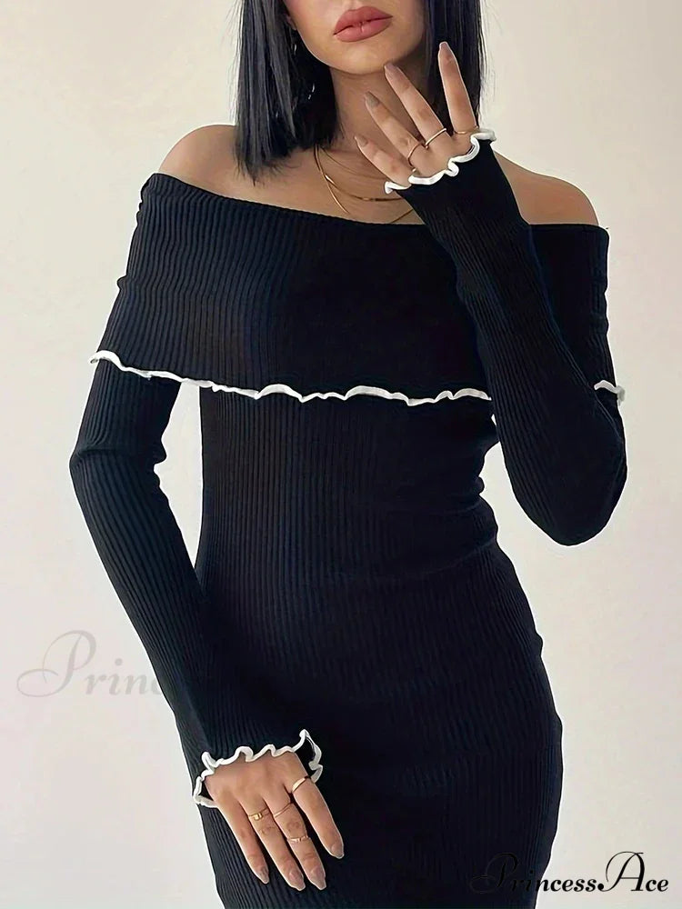 Autumn Winter Black Long Slash Neck Straight Elegant Party Clubwear Bodycon Dress / S