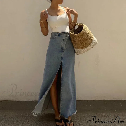 Autumn Winter Fashion High Waist Split Vintage Long Denim Wrapped Skirt