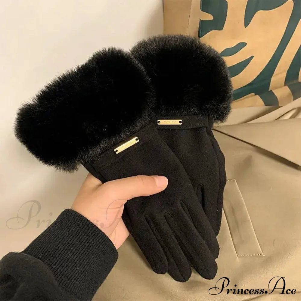 Autumn Winter Furry Warm Full Finger Outdoor Sport Cycling Gloveschristmas Cute Gloves Black / One