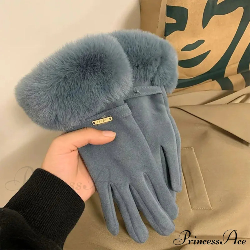 Autumn Winter Furry Warm Full Finger Outdoor Sport Cycling Gloveschristmas Cute Gloves Blue / One