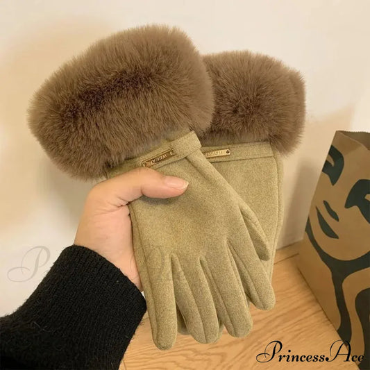 Autumn Winter Furry Warm Full Finger Outdoor Sport Cycling Gloveschristmas Cute Gloves Khaki / One