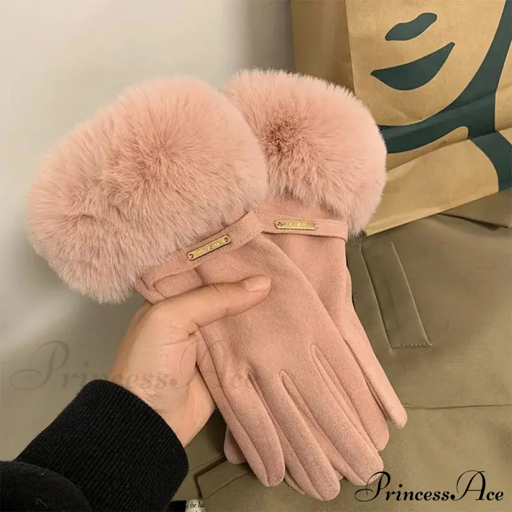 Autumn Winter Furry Warm Full Finger Outdoor Sport Cycling Gloveschristmas Cute Gloves Pink / One