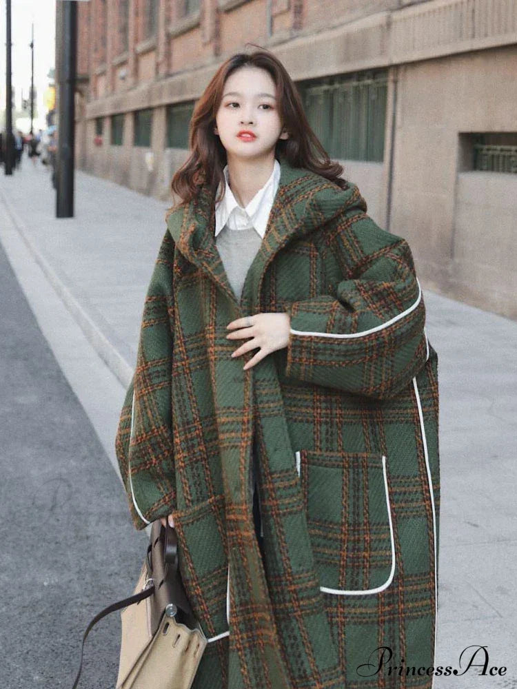 Autumn Winter Long Oversized Warm White Patchwork Wool Blends Hood Runway Korean Fashion Stylish