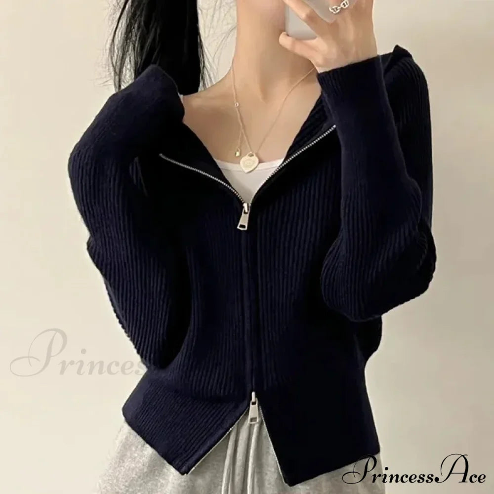 Autumn Winter Long Sleeve Short Loose Solid Knitted Zipper Cardigan Black / One Size Sweatshirts &