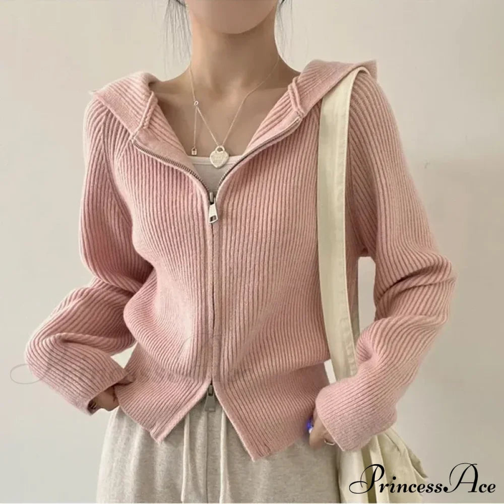 Autumn Winter Long Sleeve Short Loose Solid Knitted Zipper Cardigan Pink / One Size Sweatshirts &