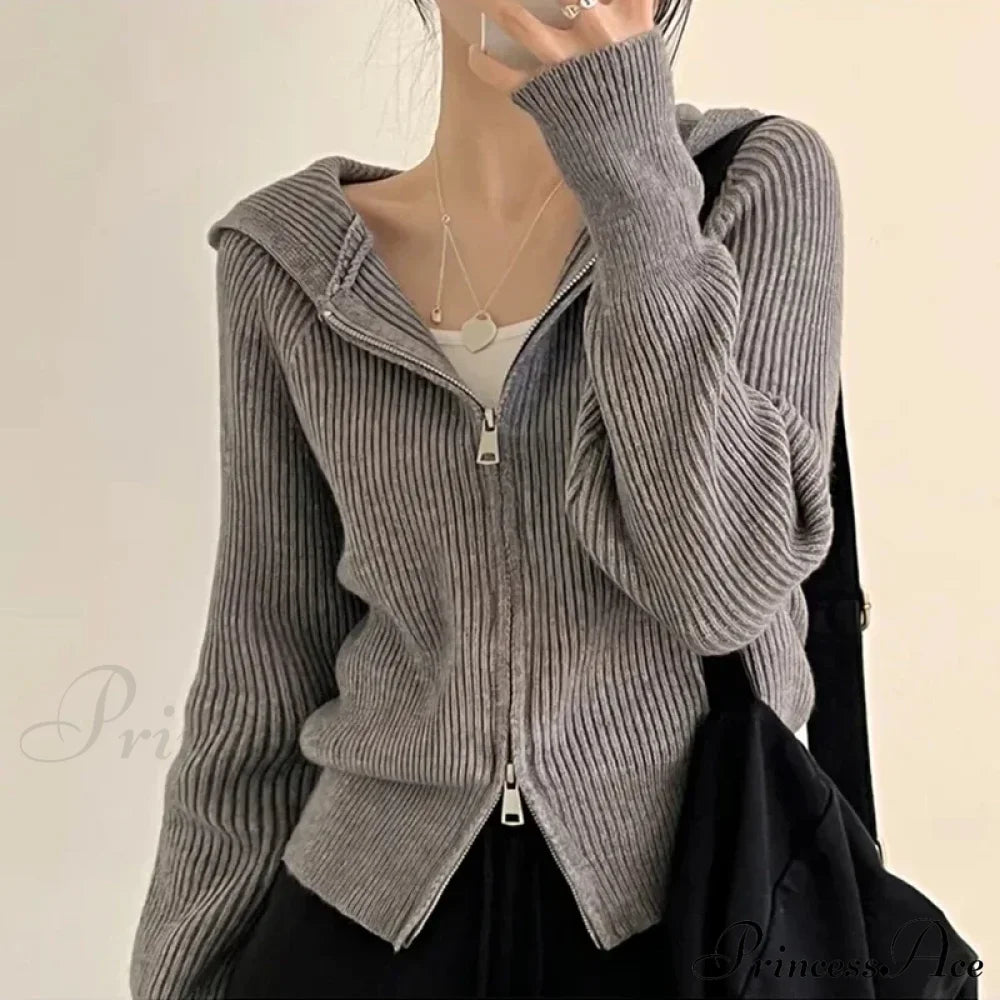 Autumn Winter Long Sleeve Short Loose Solid Knitted Zipper Cardigan Sweatshirts & Hoodies-L