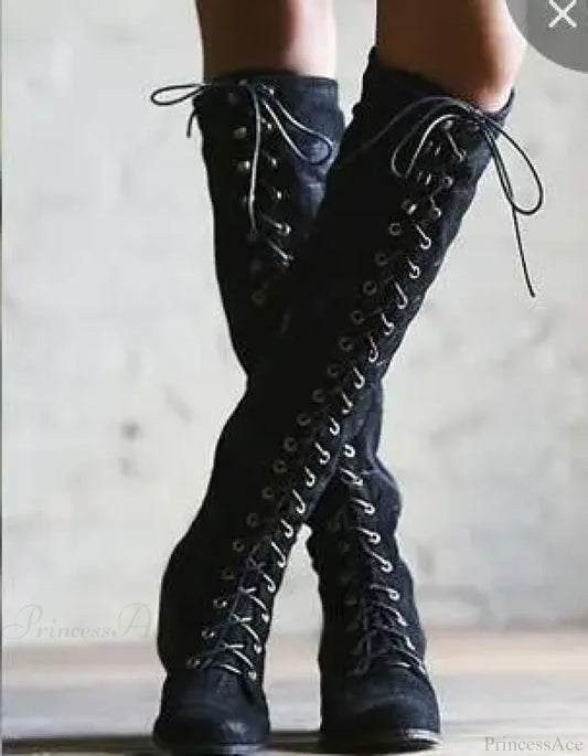 Autumn Winter Long Tube Keep Warm Thigh High Sewing Thread Rivet Zipper Knee High Boot Black / 3