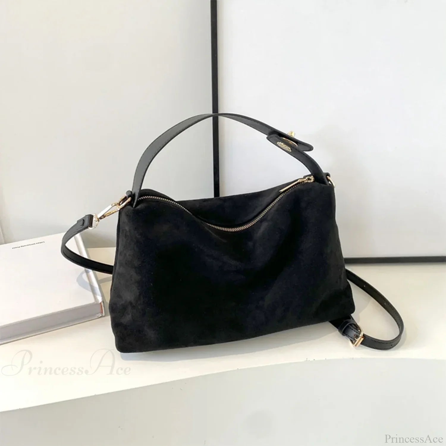 Autumn Winter Matte Suede Cow Leather Handbag Black handbag-250126