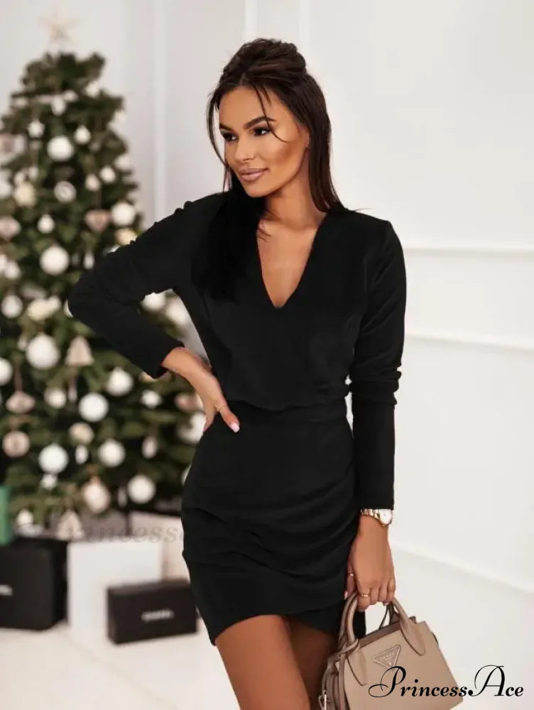 Autumn Winter New Commuting Sexy Fashion V-Neck Pullover Velvet Christmas Party Dress Black / S