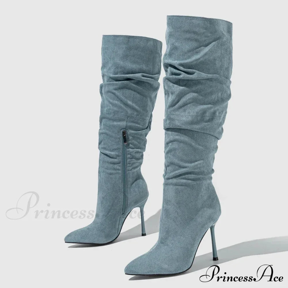 Autumn Winter Pleated Denim Pointed Toe Zip Motorcycle Long Thin Heels Booties High Heel Blue / 35