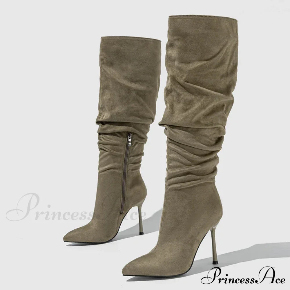 Autumn Winter Pleated Denim Pointed Toe Zip Motorcycle Long Thin Heels Booties High Heel Khaki / 35