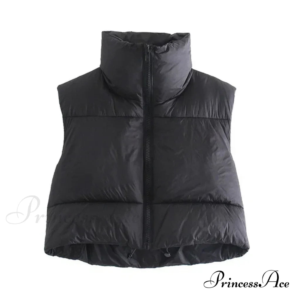 Autumn Winter Short Cotton Down Vest Stand-Up Collar Warm Quilted Outdoor Travel Jacket Coat Black